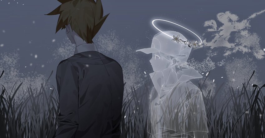 2boys blue_oak brown_hair commentary_request ghost grass halo highres jacket male_focus multiple_boys night nintendo outdoors pokemon pokemon_hgss red_(pokemon) shirt short_hair sky spiked_hair tall_grass x_grlo4