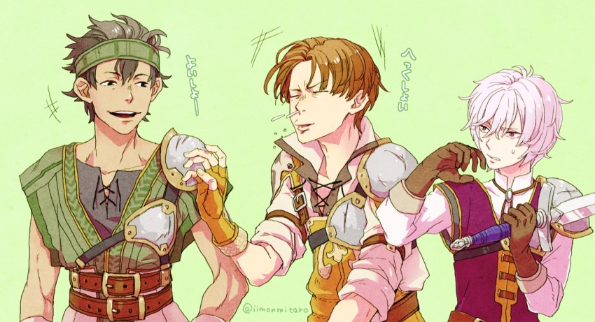 3boys adusa artist_name belt black_hair brown_hair dark_skin dark-skinned_male closed_eyes fingerless_gloves fire_emblem fire_emblem_echoes:_shadows_of_valentia gloves gray_(fire_emblem) green_background headband kliff_(fire_emblem) male_focus multiple_boys nintendo open_mouth purple_eyes simple_background sneezing sword teeth tobin_(fire_emblem) upper_body weapon white_hair