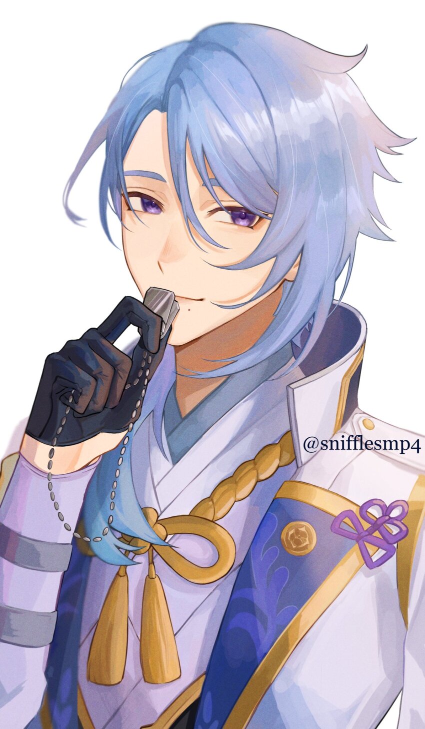 1boy artist_name black_gloves blue_hair closed_mouth commentary dog_tags english_commentary genshin_impact gloves gold_trim hair_between_eyes half_gloves hand_up highres holding holding_dog_tags jacket japanese_clothes kamisato_ayato kimono lapels long_sleeves looking_at_viewer male_focus medium_hair mole mole_under_mouth open_clothes open_jacket parted_bangs purple_eyes rope sidelocks simple_background smile snifflesmp4 solo swept_bangs tassel twitter_username upper_body watermark white_background white_jacket