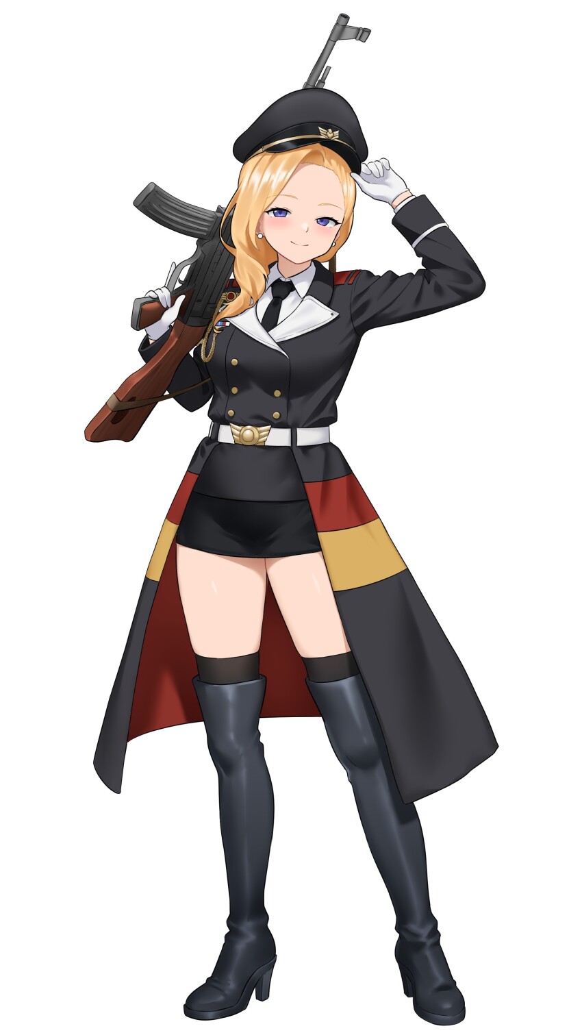 1girl absurdres adjusting_clothes adjusting_headwear aiguillette assault_rifle azur_lane black_hat black_necktie black_skirt black_thighhighs blonde_hair blue_eyes boots breasts buttons coat commission cosplay double-breasted earrings full_body garrison_cap german_flag girls&#039;_frontline gloves gun gun_sling hair_over_shoulder hand_up hat high_heel_boots high_heels highres holding holding_weapon hood_(azur_lane) jewelry large_breasts long_hair looking_at_viewer military military_uniform necktie parallelrey peaked_cap platform_boots rifle simple_background skirt smile solo stg44 stg44_(girls&#039;_frontline) stg44_(girls&#039;_frontline)_(cosplay) thigh_boots thighhighs trigger_discipline vgen_commission weapon white_background white_gloves zettai_ryouiki