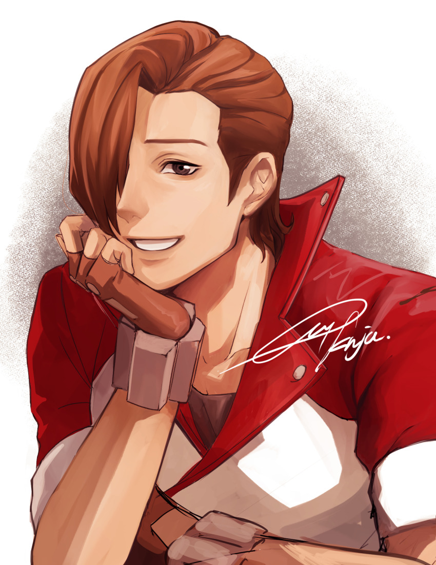 1boy ace_attorney black_undershirt brown_eyes brown_gloves brown_hair fingerless_gloves gloves hair_over_one_eye hand_on_own_face hand_up highres jacket lapel_pin looking_at_viewer male_focus matt_engarde multicolored_jacket phoenix_wright:_ace_attorney_-_justice_for_all red_jacket sano_(hospital_0434) short_hair signature smile solo teeth two-tone_jacket upper_body white_jacket