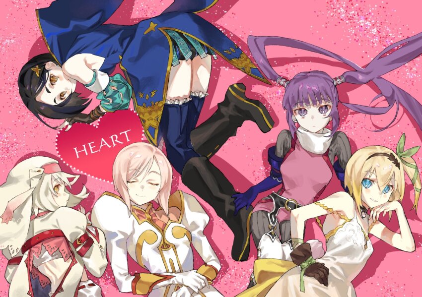5girls alice_(tales) black_choker black_hair blonde_hair blue_eyes character_request choker closed_mouth dress edna_(tales) estellise_sidos_heurassein fingerless_gloves gloves green_ribbon hair_ribbon hairband highres long_hair looking_at_viewer meameeea multiple_girls pink_hair purple_eyes purple_hair ribbon short_hair side_ponytail single_glove smile sophie_(tales) tales_of_(series) tales_of_graces tales_of_symphonia tales_of_symphonia:_dawn_of_the_new_world tales_of_vesperia tales_of_zestiria thighhighs twintails