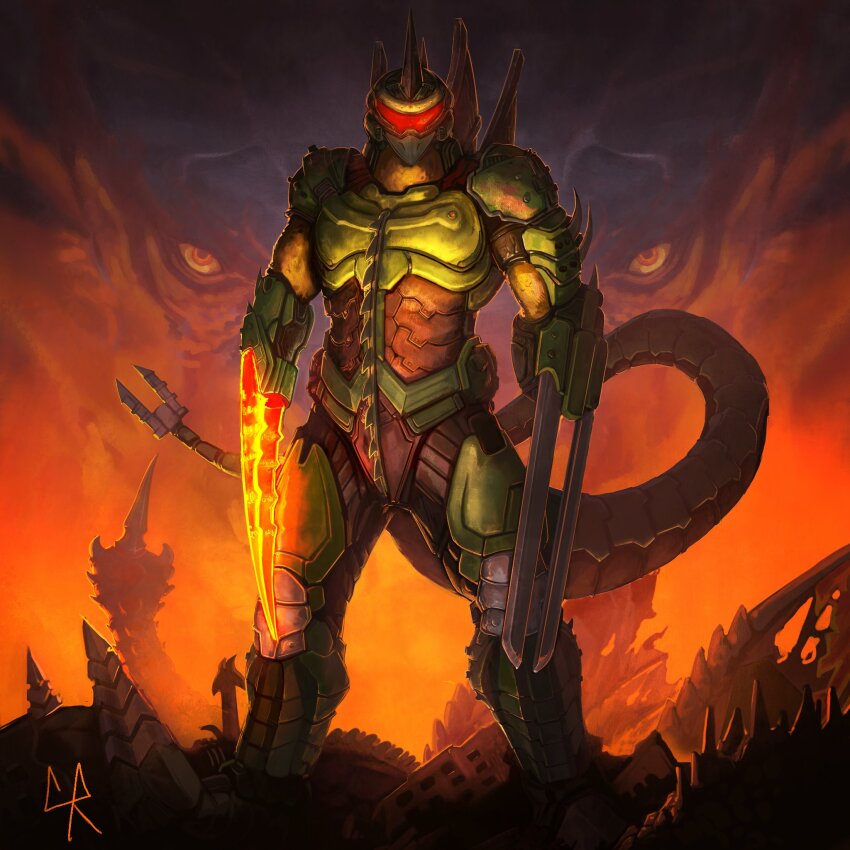 arm_blade armor battra bug chipyray cosplay crossover cyborg doom_(series) doom_eternal doomguy doomguy_(cosplay) drill fusion gigan glowing glowing_weapon godzilla godzilla_(series) godzilla_vs._gigan godzilla_vs._megaguirus godzilla_vs._megalon_(1973) godzilla_vs._mothra green_armor highres horns id_software kaiju looking_at_viewer megaguirus megalon monster monster_focus no_humans orange_eyes red_visor ruins signature single_horn standing tail toho torn_wings weapon wings