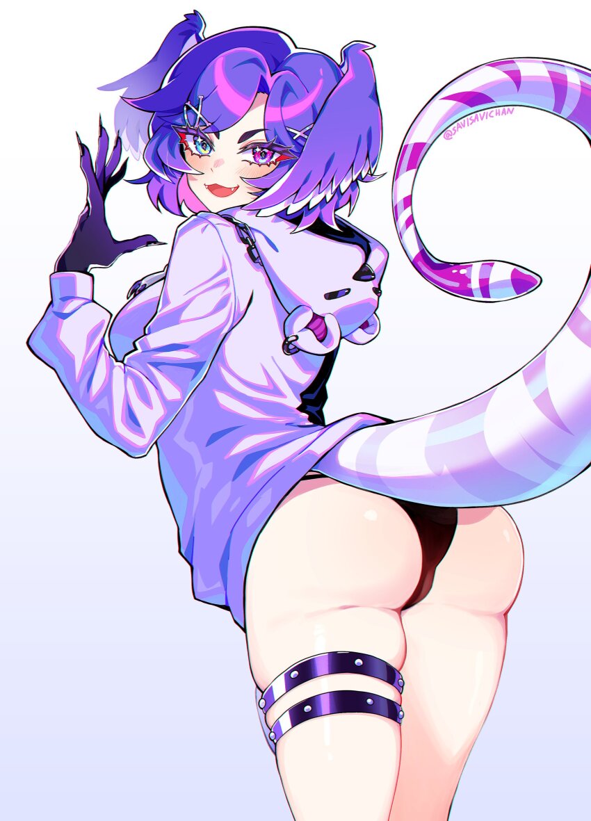 1girl absurdres animal_hood ass asymmetrical_arms bear_hood black_nails black_panties blue_eyes dragon_tail fangs hair_ornament hairclip head_wings heterochromia highres hood hoodie long_sleeves looking_at_viewer nijisanji nijisanji_en open_mouth panties purple_eyes purple_hair purple_wings savi_(byakushimc) selen_tatsuki selen_tatsuki_(3rd_costume) short_hair smile solo studded_thigh_strap tail thigh_strap underwear virtual_youtuber wings x_hair_ornament