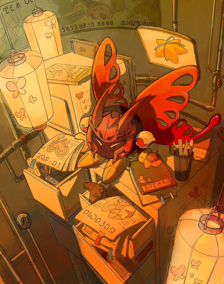 armor bandana_waddle_dee book butterfly_wings closed_eyes controller fecto_forgo fecto_forgo_(larva) galacta_knight game_controller highres insect_wings kirby kirby_star_allies kirby_(series) kirby_and_the_forgotten_land morpho_knight nintendo nintendo_switch nintendo_switch_pro_controller pauldrons planet_popstar ruler shoulder_armor trade-wind valve wii_remote wings