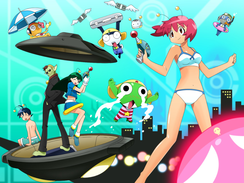 antennae bikini dororo_(keroro_gunsou) giroro hinata_fuyuki hinata_natsumi keroro keroro_gunsou kururu_(keroro_gunsou) poyon_(keroro_gunsou) swimsuit tagme tamama umbrella