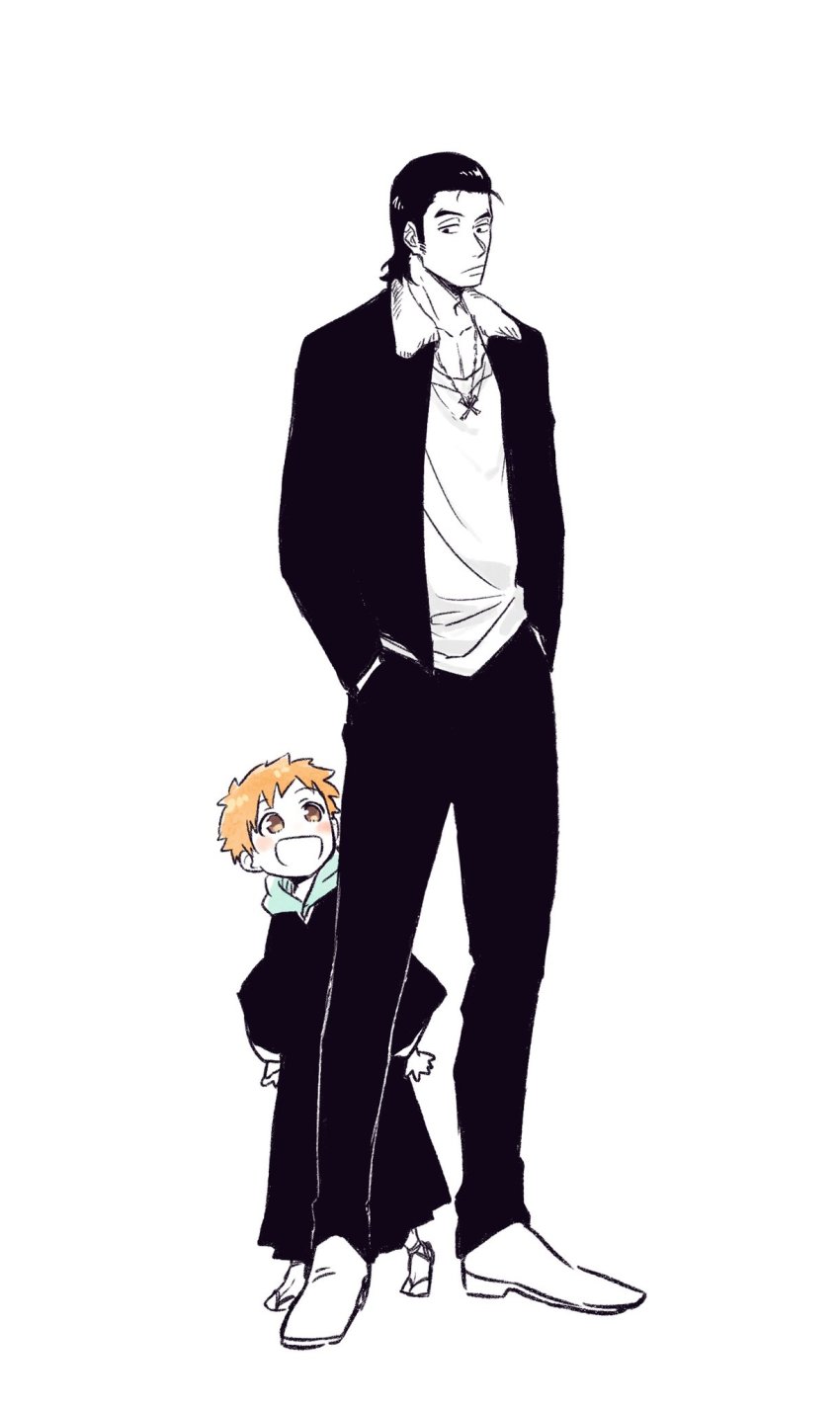 2boys black_hair black_panties bleach blouse blush choko_egg collarbone ginjou_kuugo hair_slicked_back hands_in_pockets highres hood hoodie jewelry kurosaki_kazui long_sleeves looking_at_another male_focus multiple_boys necklace open_mouth orange_hair panties pants sandals shirt short_hair standing underwear white_shirt zouri