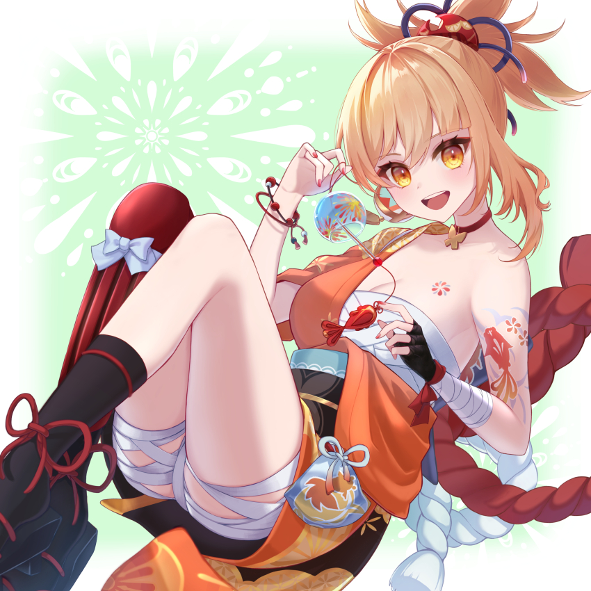 1girl absurdres arm_tattoo asymmetrical_legwear bandaged_arm bandages black_gloves black_socks blonde_hair bracelet breasts butterfly_choker chest_sarashi chest_tattoo choker commentary feet_out_of_frame fingerless_gloves genshin_impact geta gloves hadanugi_dousa hair_ornament highres japanese_clothes jewelry kimono knees_up leg_armor looking_at_viewer medium_breasts mofusagi nail_polish open_kimono open_mouth orange_eyes orange_kimono ponytail red_choker red_nails sarashi short_kimono single_fingerless_glove smile socks solo tattoo yoimiya_(genshin_impact)