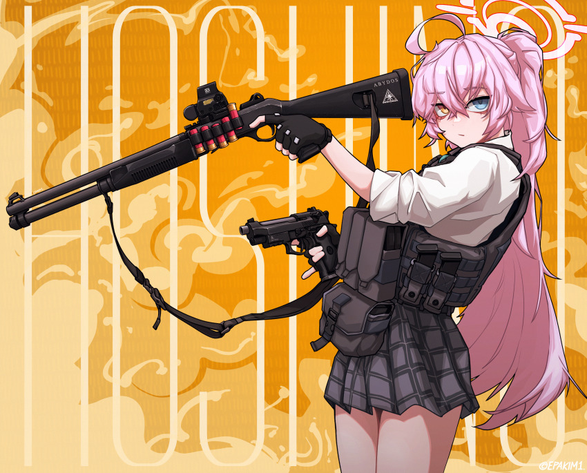 1girl absurdres ahoge ammunition ammunition_pouch artist_name asymmetrical_dual_wielding bags_under_eyes benelli_m4 beretta_92 black_gloves blue_archive blue_eyes blue_necktie bulletproof_vest character_name closed_mouth cowboy_shot crossed_bangs dual_wielding eotech epakim fingerless_gloves from_side gloves grey_skirt gun gun_sling halo handgun hands_up heterochromia highres holding holding_weapon hoshino_(armed)_(blue_archive) hoshino_(blue_archive) long_hair looking_at_viewer magazine_(weapon) necktie optical_sight pink_hair pink_halo pistol plaid_clothes plaid_skirt ponytail pouch shirt shotgun shotgun_shell shotgun_speedloader skirt sleeves_rolled_up solo trigger_discipline very_long_hair weapon white_shirt yellow_background yellow_eyes