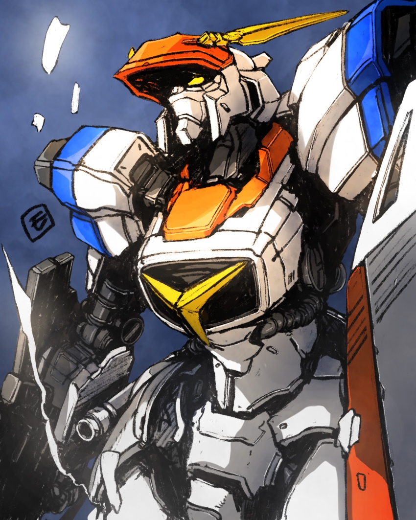 absurdres blue_background cable clenched_hand d-1 head_tilt highres kikou_senki_dragonar mecha moyan no_humans procreate_(medium) robot science_fiction shield solo yellow_eyes