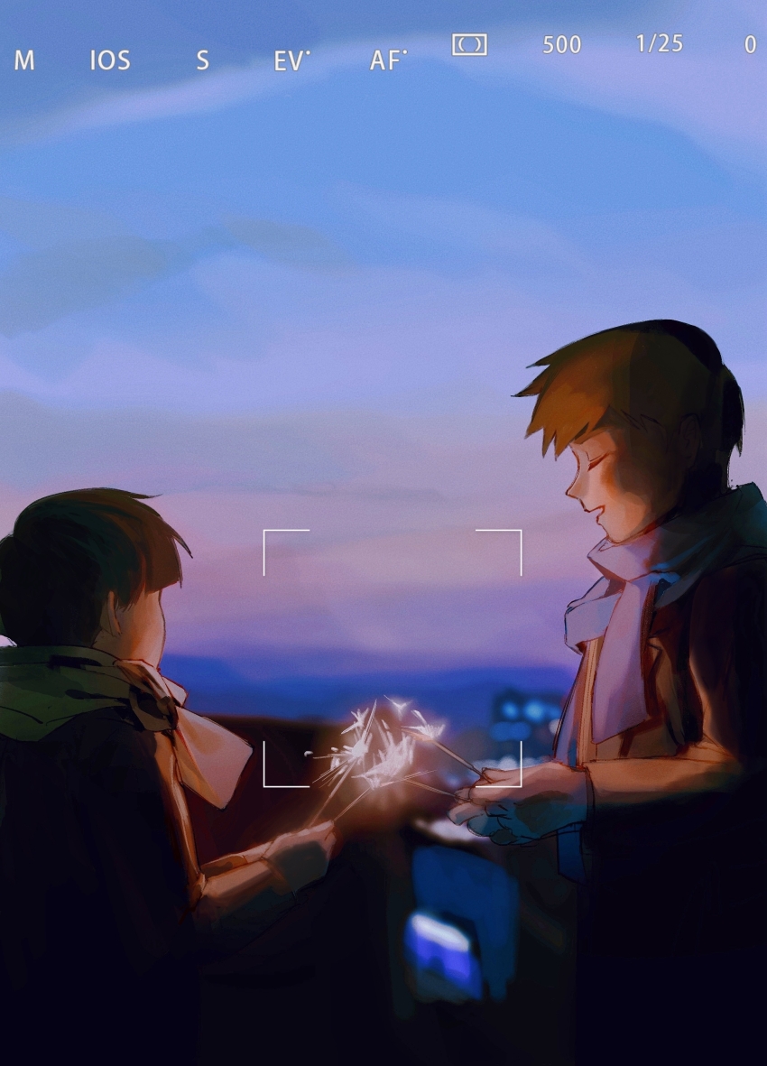 2boys absurdres baobing black_hair black_jacket blue_scarf brown_hair brown_jacket chinese_commentary closed_eyes commentary_request green_scarf highres holding holding_fireworks jacket kageyama_shigeo male_focus mob_psycho_100 multiple_boys open_mouth outdoors reigen_arataka scarf short_hair sky smile viewfinder