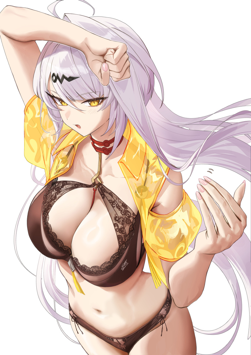 1girl absurdres arm_up black_bra black_panties bra breasts collarbone commentary cowboy_shot fingernails groin hair_ornament highres jacket large_breasts looking_at_viewer navel open_clothes open_jacket open_mouth panties salmon88 simple_background solo stomach thighs underwear white_background yellow_eyes yellow_jacket yixuan_(zenless_zone_zero) zenless_zone_zero