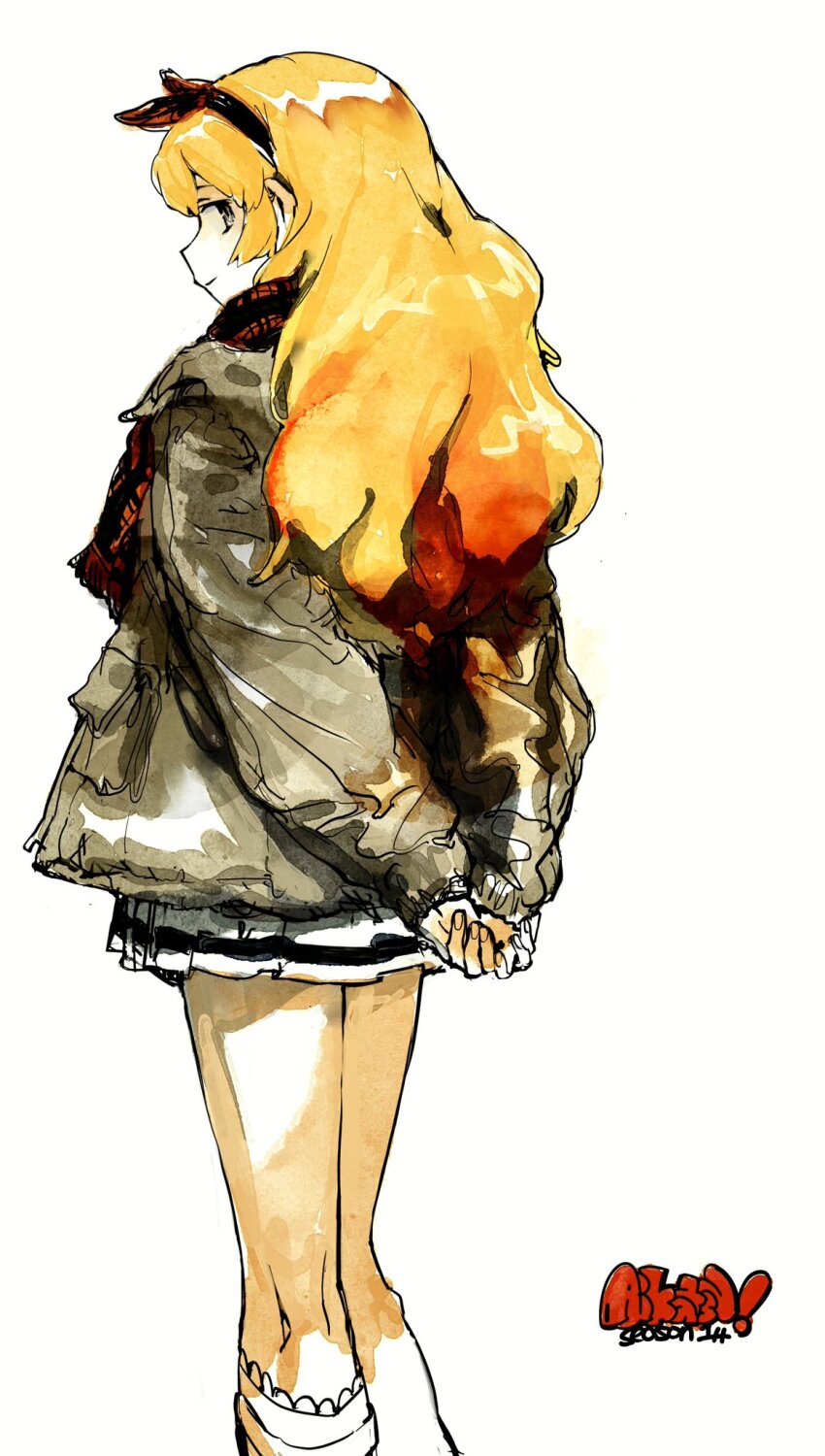 1girl aikatsu! aikatsu!_(series) arms_behind_back bad_id bad_twitter_id black_jacket blonde_hair copyright_name feet_out_of_frame from_behind hairband highres hoshimiya_ichigo inactive_account jacket long_hair long_sleeves looking_at_viewer looking_back pleated_skirt simple_background skirt smile solo standing suiso_(owp) watercolor_effect white_background