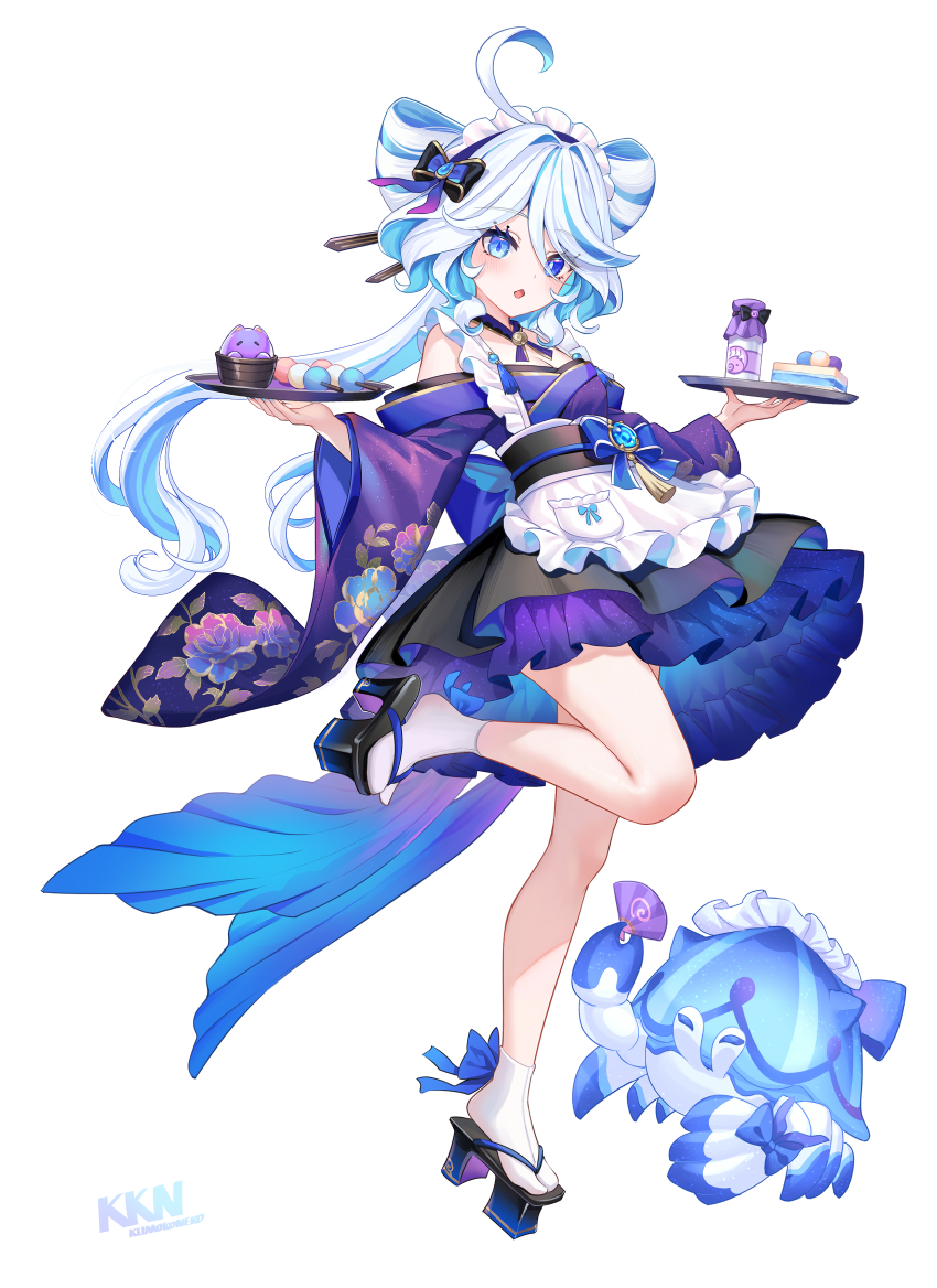 1girl absurdres alternate_costume alternate_hairstyle bare_shoulders black_sandals blue_eyes blue_hair breasts cleavage drop-shaped_pupils full_body furina_(genshin_impact) genshin_impact geta hair_between_eyes heterochromia highres lalazyt long_hair long_sleeves looking_at_viewer mismatched_pupils multicolored_hair off_shoulder parted_lips sandals simple_background socks solo standing standing_on_one_leg symbol-shaped_pupils tabi white_background white_hair white_socks wide_sleeves
