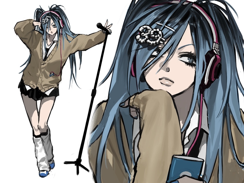 1girl absurdres black_skirt black_streaks blue_hair brown_cardigan cardigan digital_media_player gyaru hair_ornament hairclip hatsune_miku headphones highres holding holding_microphone ipod kogal leg_warmers ma0ma0_0 microphone microphone_stand miniskirt necktie shirt skirt twintails vocaloid white_background white_shirt
