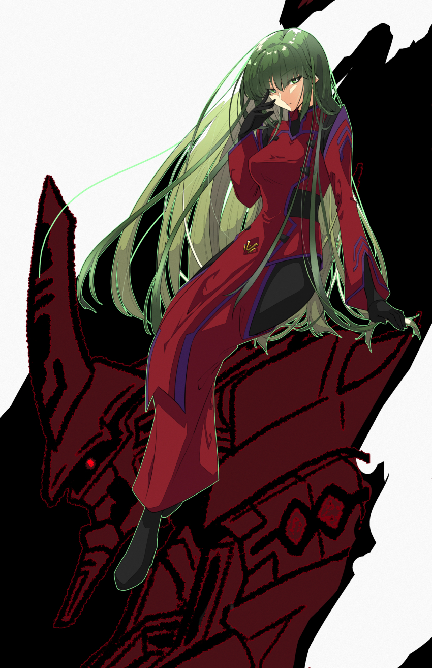 1girl black_footwear black_gloves black_legwear breasts gloves glowing glowing_eye green_eyes green_hair highres kamon_rider long_hair looking_at_viewer mecha medium_breasts military military_uniform muv-luv muv-luv_alternative muv-luv_alternative_(anime) red_eyes robot science_fiction tactical_surface_fighter tsukuyomi_mana type_00_takemikazuchi very_long_hair