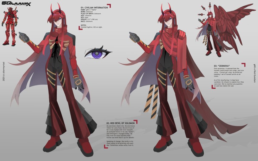 1boy absurdres altermyniad androgynous black_bodysuit bodysuit english_text feathered_wings full_body funnels_(gundam) gundam gundam_gquuuuuux highres horns long_hair looking_at_viewer mecha_danshi multiple_wings personification purple_eyes red_bodysuit red_gundam red_hair reference_inset side_cape solo standing two-tone_bodysuit very_long_hair wings