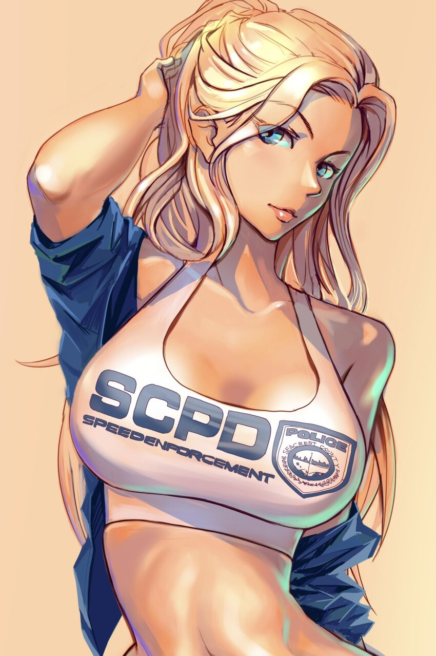 1girl 959_(8go8) blue_eyes blue_shirt hair_behind_ear hand_on_own_head highres leaning_to_the_side long_hair looking_at_viewer midriff navel need_for_speed need_for_speed:_hot_pursuit_(2010) off_shoulder original pink_lips shirt solo sports_bra very_long_hair white_sports_bra wide_hips yellow_background