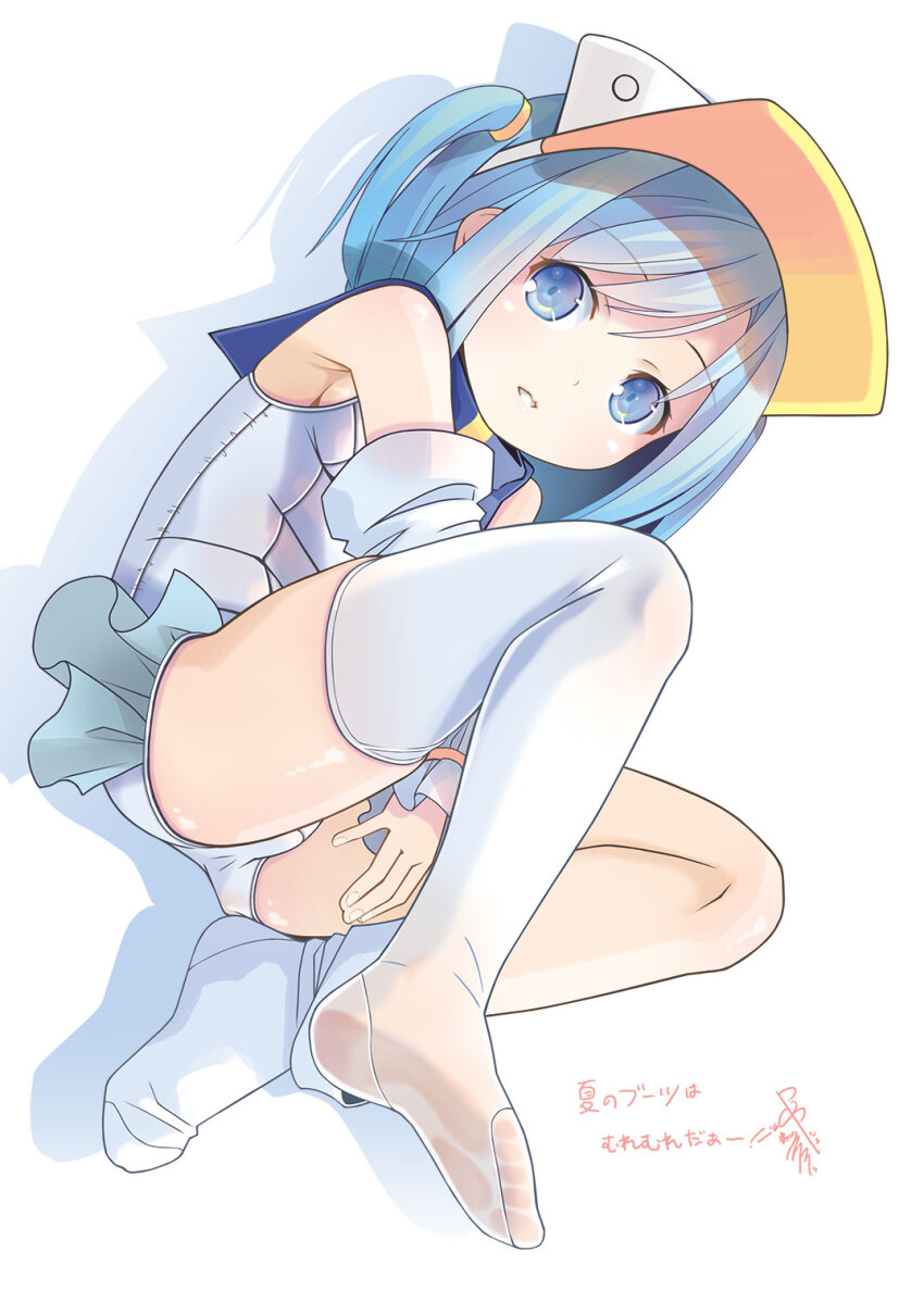 1girl ass between_legs blue_eyes blue_hair cosplay detached_sleeves feet hand_between_legs highres legs lying magical_girl moetan nijihara_ink no_shoes on_side one-piece_swimsuit pastel_ink pop_(electromagneticwave) school_swimsuit short_hair showgirl_skirt soles solo swimsuit thighhighs thighs toes two_side_up visor_cap white_one-piece_swimsuit white_sleeves white_thighhighs