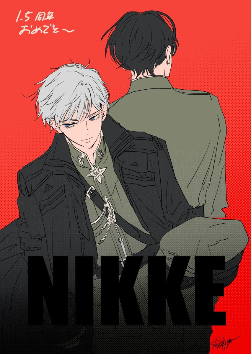 2boys black_coat black_hair blue_eyes coat commander_(nikke) goddess_of_victory:_nikke grey_hair hat highres holding holding_unworn_clothes holding_unworn_hat jacket johan_(nikke) military_jacket military_uniform multiple_boys short_hair signature ssonatinee unworn_hat unworn_headwear