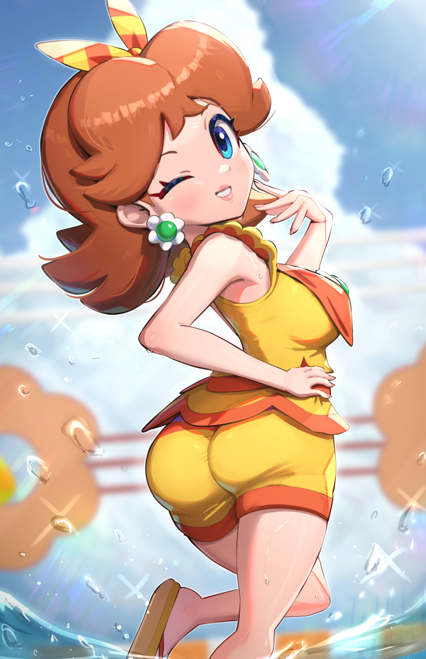 1girl absurdres ass bare_shoulders bikini blonde_hair blue_eyes blue_sky blush bow breasts brooch brown_hair dress_swimsuit earrings flipped_hair flower_brooch flower_earrings from_behind gonzarez hair_bow highres jewelry looking_at_viewer looking_back mario_(series) mario_kart mario_kart_tour mario_kart_world medium_breasts medium_hair nintendo official_alternate_costume one-piece_swimsuit one_eye_closed open_mouth orange_hair orange_one-piece_swimsuit parted_bangs parted_lips princess_daisy princess_daisy_(swimwear)_(mario_kart_tour) sarong short_shorts shorts sideboob sky smile solo swimsuit two-tone_one-piece_swimsuit yellow_one-piece_swimsuit