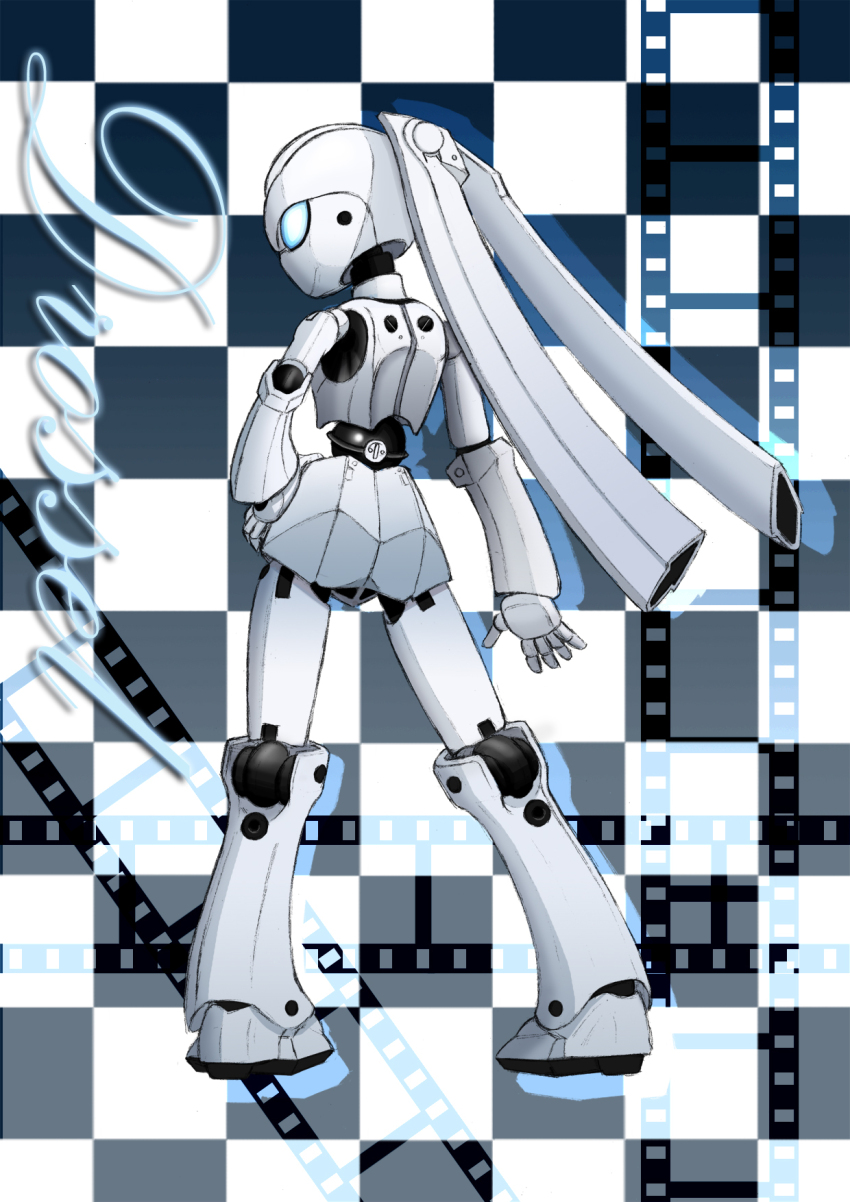 1girl ass back blue_eyes colored_skin disney drossel_von_flugel fireball_(series) hand_on_own_hip highres humanoid_robot joints looking_at_viewer looking_back mechanical_hair no_mouth no_nose robot robot_girl robot_joints science_fiction twintails white_skin zgmf10a11