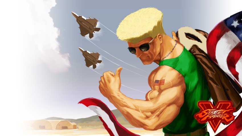 1boy aircraft airplane american_flag biceps blonde_hair blue_sky capcom contrail enrique guile highres jacket jacket_over_shoulder unworn_jacket jet logo male_focus muscular sky sleeveless smile solo street_fighter street_fighter_v sunglasses tattoo thumbs_up toned