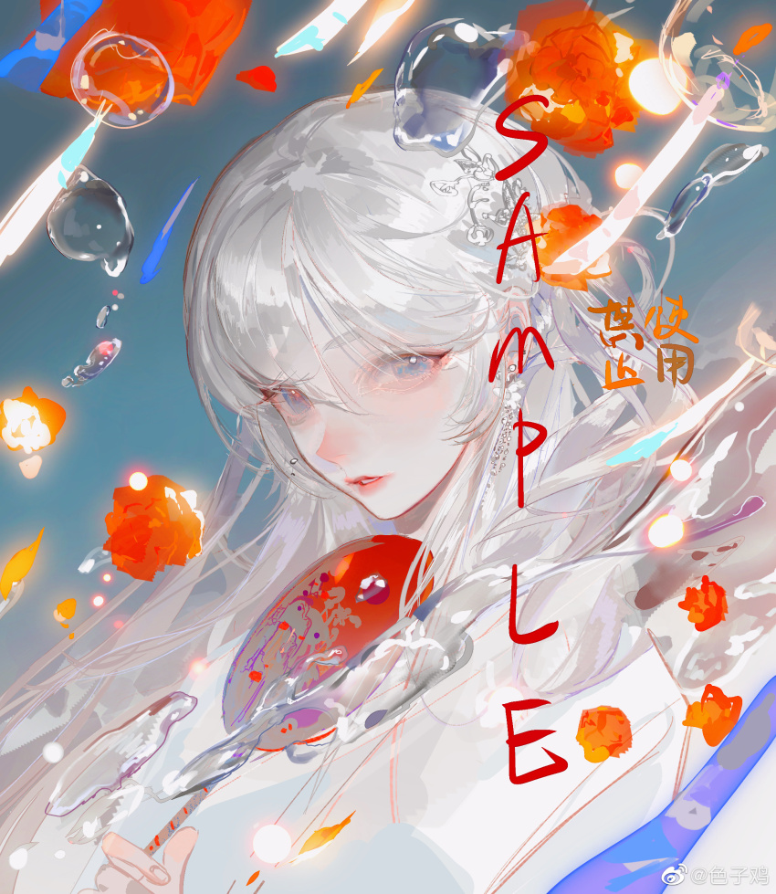 1girl absurdres blue_eyes blue_sky bubble chinese_clothes chinese_commentary commentary_request commission day earrings eyelashes fingernails floating_hair flower flower_earrings hair_between_eyes hair_over_shoulder hand_fan hanfu highres holding holding_fan jewelry light_blush lipstick long_hair long_sleeves looking_at_viewer makeup original outdoors parted_lips pink_lips sample_watermark sky solo swept_bangs teeth thick_eyebrows tuanshan upper_body very_long_hair watermark weibo_watermark white_flower white_hair white_hanfu wind_chime yangming_li_wan_dianfen_chang