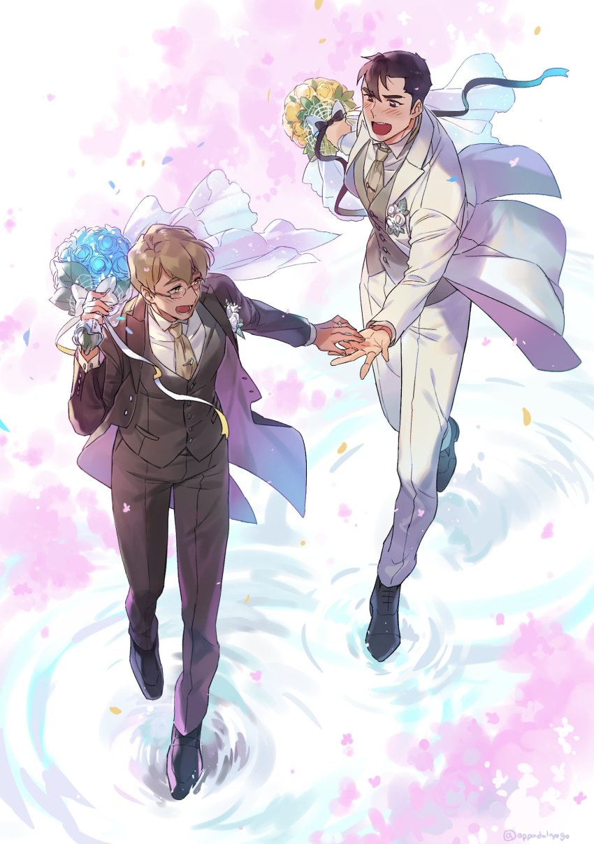 2boys adam_(voltron) black_hair black_jacket black_pants black_suit black_vest blue_flower blush bouquet brown_hair couple flower formal_clothes full_body grey_vest happy highres holding holding_bouquet husband_and_husband hyakujuu-ou_golion jacket jewelry looking_at_another male_focus multiple_boys necktie open_clothes open_jacket open_mouth oppadalryogo ornate_ring pants petals ring shirt short_hair smile suit takashi_shirogane tan vest voltron:_legendary_defender voltron_(series) wedding_ring white_jacket white_pants white_shirt white_suit yaoi yellow_flower