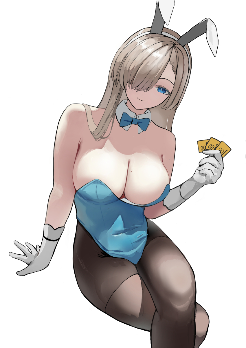 1girl absurdres asuna_(blue_archive) asuna_(bunny)_(blue_archive) bare_shoulders blonde_hair blue_archive blue_eyes blue_leotard breasts bright_pupils brown_pantyhose cleavage commentary gcgr7858 hair_over_one_eye highres holding large_breasts leotard mole mole_on_breast one_eye_covered pantyhose playboy_bunny simple_background smile solo white_background white_pupils