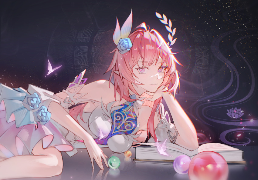 1girl armlet bare_shoulders blue_flower blue_rose book breasts chromatic_aberration closed_mouth commentary_request cyrene_(honkai:_star_rail) cyrene_(ripples_of_past_reverie)_(honkai:_star_rail) dress flower hair_flower hair_ornament head_rest highres honkai:_star_rail honkai_(series) jewelry large_breasts long_hair looking_at_viewer lying meng_ying_can_xuan on_side open_book orb pink_eyes pink_hair pointy_ears rose sidelocks solo white_dress