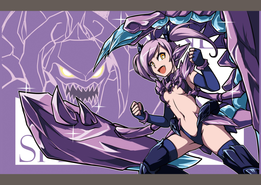1girl ahoge arthropod_girl breasts elbow_gloves fang female_focus fingerless_gloves genderswap genderswap_(mtf) gloves highres league_of_legends looking_at_viewer nam_(valckiry) navel open_mouth purple_hair scorpion_tail sharp_teeth skarner small_breasts solo tail teeth thighhighs twintails yellow_eyes