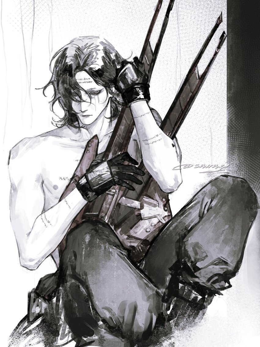 1boy absurdres baggy_pants black_gloves crying crying_with_eyes_open curtained_hair death_stranding eyeshadow facial_mark feet_out_of_frame forehead_mark gloves guitar half-closed_eyes higgs_(death_stranding) highres holding holding_guitar holding_instrument hugging_object instrument knees_up long_hair looking_at_viewer makeup male_focus nipples no_shirt pants solo ssanagi00 tears toned toned_male