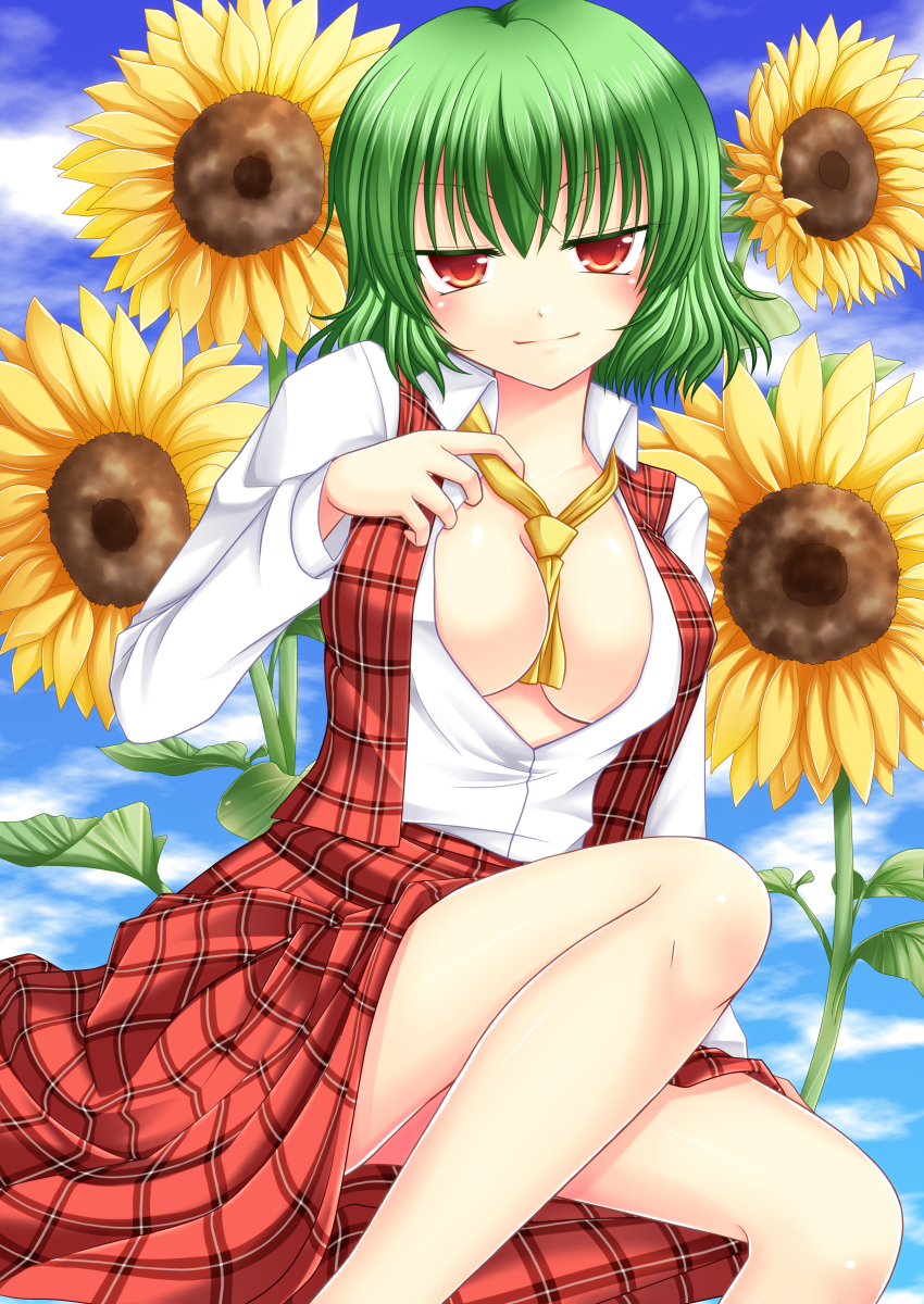 1girl absurdres asazuki_kanai ascot between_breasts breasts cleavage dress_shirt female_focus flower green_hair highres kanai_amachi kazami_yuuka large_breasts no_bra open_clothes open_shirt plaid_clothes plaid_skirt plaid_vest red_eyes shirt sitting skirt skirt_set smile solo sunflower touhou vest