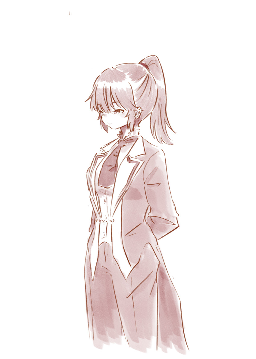 1girl absurdres arms_behind_back assault_lily closed_mouth coattails commentary_request cowboy_shot cropped_legs formal_clothes greyscale hair_between_eyes high_ponytail highres jacket light_blush long_sleeves looking_ahead medium_hair monochrome nagasawa_yuki_(assault_lily) necktie open_clothes open_jacket pant_suit pants ponytail shirt simple_background solo standing suit teisuu white_background