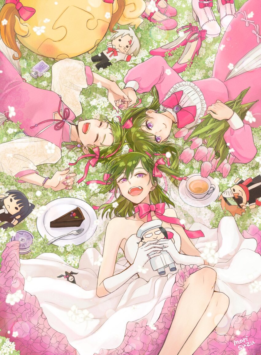 3girls allen_walker armpits bare_shoulders black_coat black_hair black_headband black_order_uniform black_pants blue_hair bottle bow bowtie cake cake_slice character_doll china_dress chinese_clothes chocolate_cake closed_eyes closed_mouth coat collarbone collared_shirt colored_extremities creature cup d.gray-man doll dress earrings elbow_gloves eyepatch facial_mark flats floating_earring flower food fork frilled_dress frills glasses gloves golem_(d.gray-man) grass green_hair green_stripes hair_between_eyes hair_bow hair_ribbon hairband hat headband high_heels high_ponytail highres holding holding_doll holding_flower holding_hands jewelry kanda_yuu komui_lee laughing lavi legs lenalee_lee long_hair looking_at_another looking_up lying medium_hair mori_suzu multiple_girls multiple_persona neck_ribbon on_back one_eye_covered open_mouth orange_hair pants perfume_bottle pink_bow pink_bowtie pink_dress pink_flower pink_hairband pink_high_heels pink_nails pink_ribbon pink_shoes pink_stripes pixie_cut plate ponytail purple_eyes red_ribbon red_scarf ribbon ring scar scar_on_face scarf shirt shoes short_hair sidelocks signature sleeveless sleeveless_dress smile star_(symbol) star_facial_mark striped_clothes striped_coat striped_dress striped_headband stud_earrings tea teacup timcanpy time_paradox twintails two_side_up white_coat white_dress white_flower white_gloves white_hair white_hat white_shirt white_shoes white_sleeves white_stripes wings