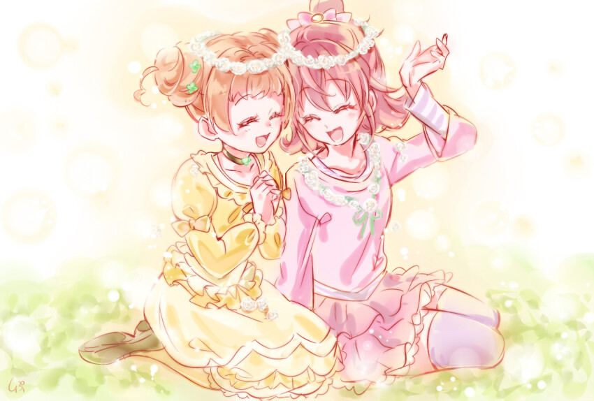 2girls :d ^_^ aida_mana brown_hair closed_eyes collarbone dokidoki!_precure double_bun dress grey_thighhighs hair_bun highres layered_skirt long_sleeves medium_dress medium_hair miniskirt multiple_girls open_mouth own_hands_together pink_hair pink_shirt pink_skirt precure shipu_(gassyumaron) shirt sitting sketch skirt smile thighhighs white_background yellow_dress yotsuba_alice zettai_ryouiki