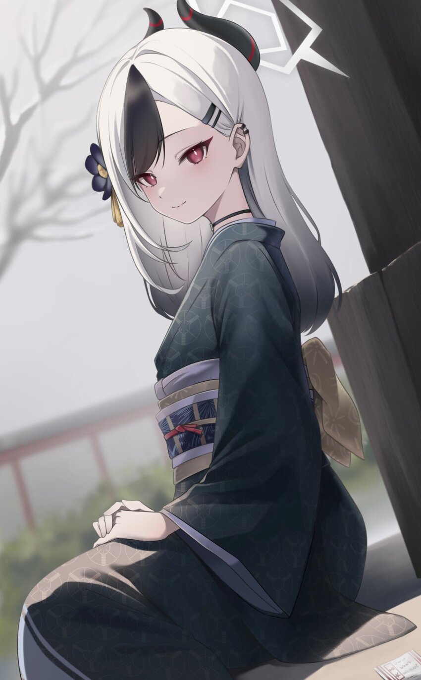 1girl black_choker black_kimono blue_archive blue_hair bow choker demon_girl demon_horns ear_piercing flower hair_behind_ear hair_between_eyes hair_flower hair_ornament hairclip halo highres horns japanese_clothes kayoko_(blue_archive) kayoko_(new_year)_(blue_archive) kimono long_hair looking_at_viewer multicolored_hair obi official_alternate_costume own_hands_together piercing purple_flower purple_sash red_eyes revebw sash sash_bow sidelocks sitting smile solo wariza yellow_bow