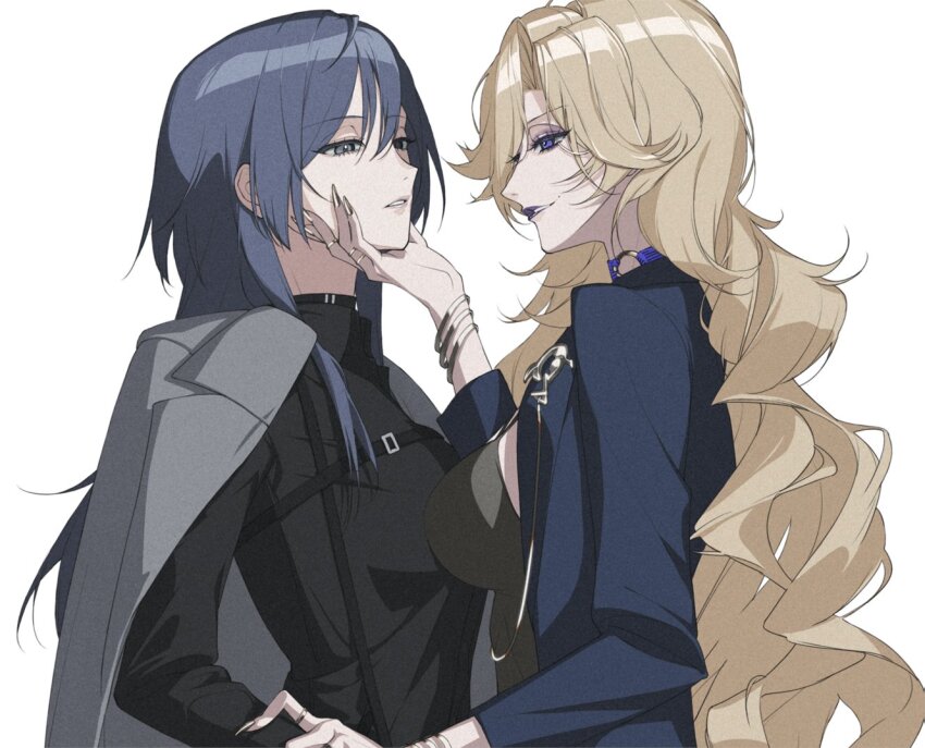 2girls 3shine_02 black_hair black_shirt blonde_hair blue_choker bracelet breasts chief_(path_to_nowhere) choker collared_shirt eye_contact female_chief_(path_to_nowhere) grey_eyes grey_jacket hand_on_another&#039;s_chin holding_another&#039;s_wrist jacket jacket_on_shoulders jewelry large_breasts long_hair looking_at_another multiple_girls o-ring o-ring_choker parted_lips path_to_nowhere purple_eyes ring shirt vautour_bleu_(path_to_nowhere) yuri