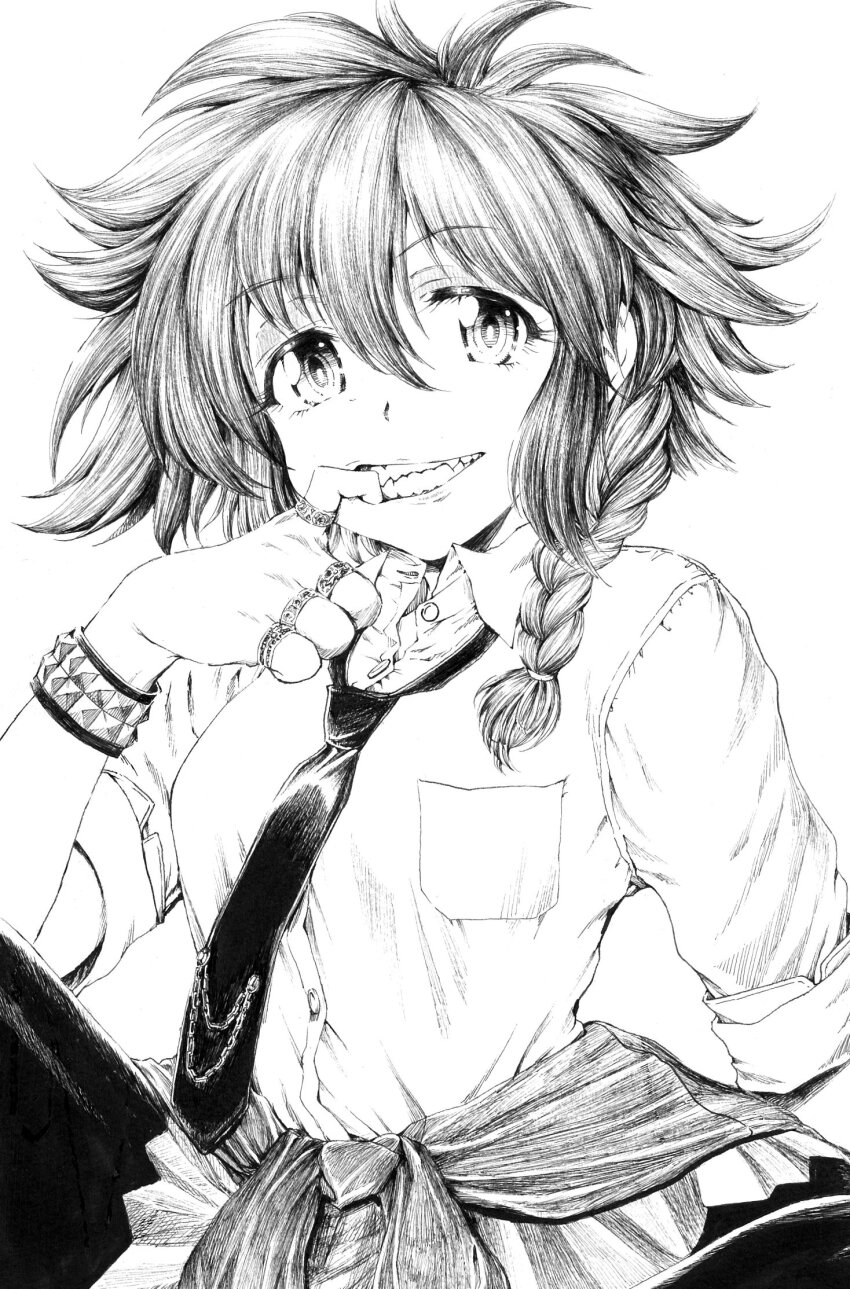 1girl blush bracelet braid breast_pocket breasts collared_shirt cranberry_(girls_und_panzer) dress_shirt girls_und_panzer greyscale grin hair_between_eyes highres jewelry lip_pull looking_at_viewer medium_breasts monochrome multiple_rings necktie open_mouth pocket ribbon ring sawamin school_uniform shirt short_hair short_sleeves simple_background single_braid skirt smile solo studded_bracelet white_background