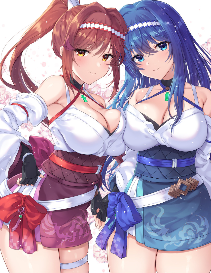 2girls alternate_costume awayuki_ramika black_gloves blue_eyes blue_hair blush breast_press breasts caeda_(fire_emblem) chest_jewel cleavage commentary_request commission core_crystal_(xenoblade) cosplay crossover detached_sleeves fingerless_gloves fire_emblem fire_emblem:_mystery_of_the_emblem fire_emblem:_shadow_dragon_and_the_blade_of_light glimmer_(xenoblade) glimmer_(xenoblade)_(cosplay) gloves highres large_breasts long_hair looking_at_viewer multiple_girls nintendo obi ponytail red_hair sash skeb_commission smile thighs very_long_hair white_background xenoblade_chronicles_(series) xenoblade_chronicles_3 yellow_eyes