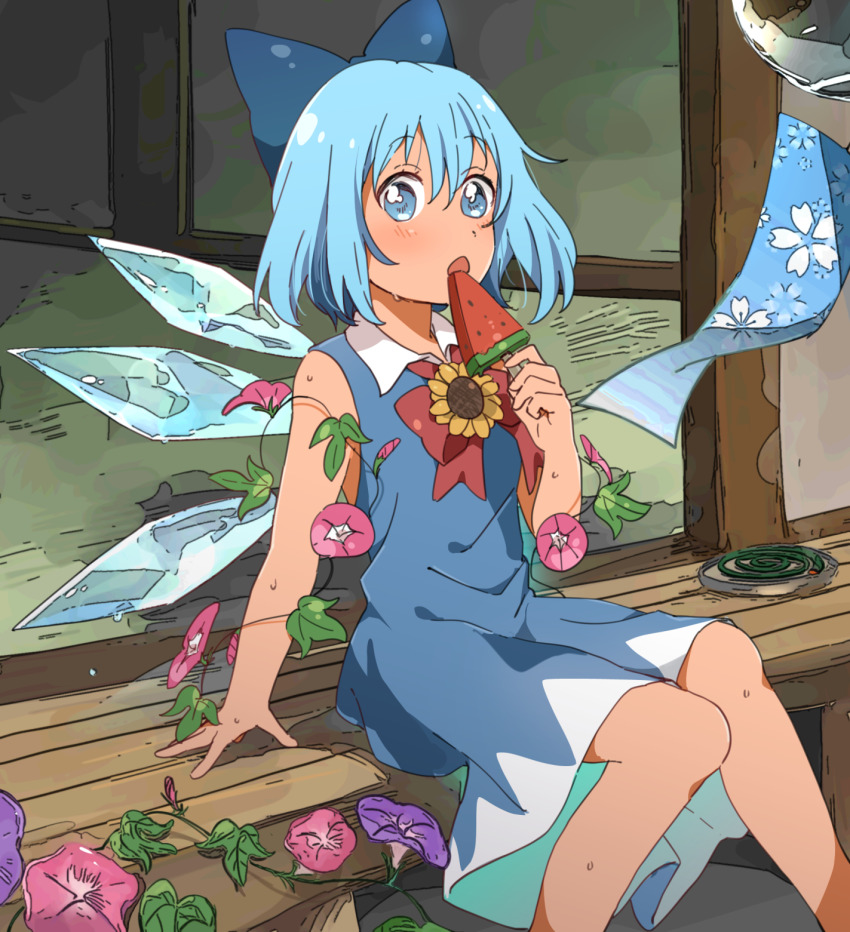 1girl arm_support blue_bow blue_dress blue_eyes blue_hair blush bow cirno collared_dress dress eating feet_out_of_frame flat_chest flower food hair_between_eyes hair_bow hand_up highres holding holding_food ice ice_wings long_dress neck_ribbon open_mouth plant popsicle red_ribbon ribbon sasaki_sakiko sleeveless sleeveless_dress sliding_doors solo sunflower sweat tan tanned_cirno touhou veranda vines watermelon_bar wings wooden_floor