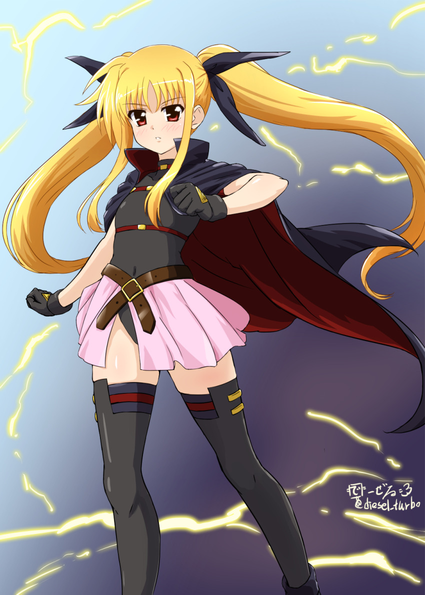 1girl artist_name black_gloves black_leotard black_thighhighs blonde_hair blush breasts cape covered_navel diesel-turbo fate_testarossa fate_testarossa_(movie_1st_form) gloves hair_ribbon highres leotard lightning long_hair lyrical_nanoha magical_girl mahou_shoujo_lyrical_nanoha mahou_shoujo_lyrical_nanoha_a&#039;s mahou_shoujo_lyrical_nanoha_the_movie_1st miniskirt pink_skirt red_eyes ribbon showgirl_skirt skirt small_breasts solo thighhighs twintails