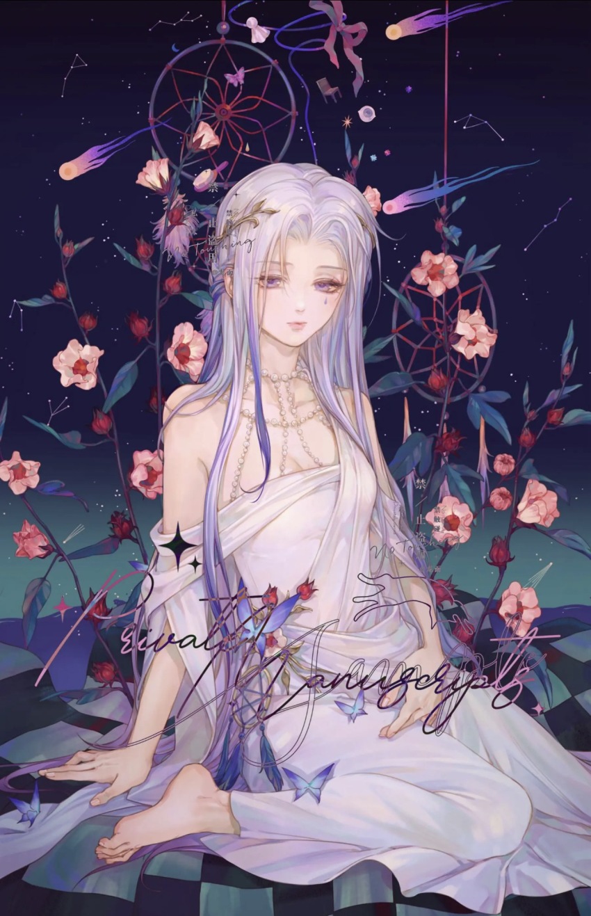 1girl barefoot bug butterfly commentary_request dress flower hair_ornament highres insect long_hair longmianbushilongxumian original purple_eyes purple_hair sitting solo white_dress