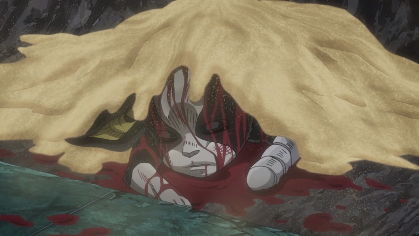 amputee animal blood death dog highres iggy_(jojo) jojo jojo_no_kimyou_na_bouken sand
