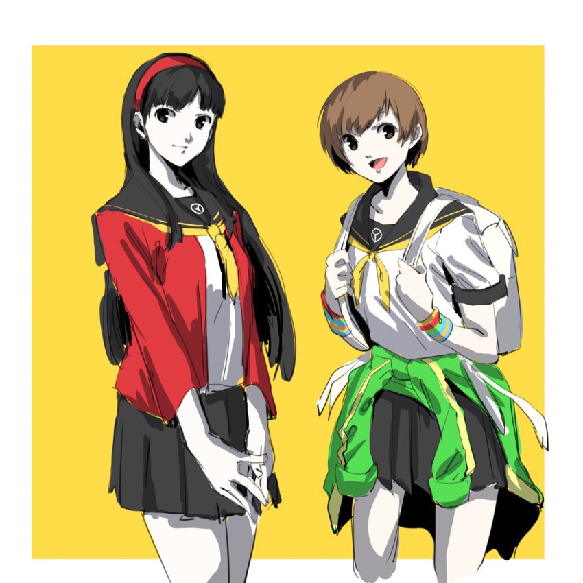 2girls amagi_yukiko black_hair brown_eyes brown_hair closed_mouth cowboy_shot green_jacket hairband highres jacket long_hair looking_at_viewer miniskirt multiple_girls nakano_maru neckerchief open_mouth persona persona_4 red_hairband red_sweater sailor_collar satonaka_chie school_uniform short_hair sketch skirt smile sweater track_jacket yasogami_school_uniform yellow_neckerchief