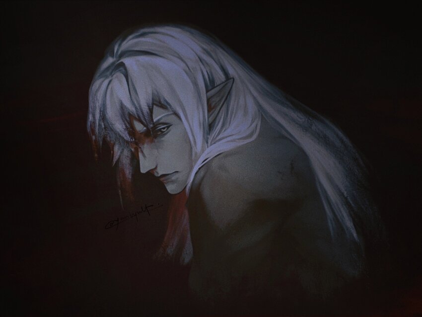 1boy black_background black_shirt blood blood_in_hair chinese_commentary closed_mouth commentary_request elezen elf estinien_varlineau final_fantasy final_fantasy_xiv from_side grey_eyes hair_behind_ear highres long_hair long_pointy_ears looking_to_the_side male_focus pointy_ears profile shirt sideways_glance simple_background solo upper_body yanlyulf