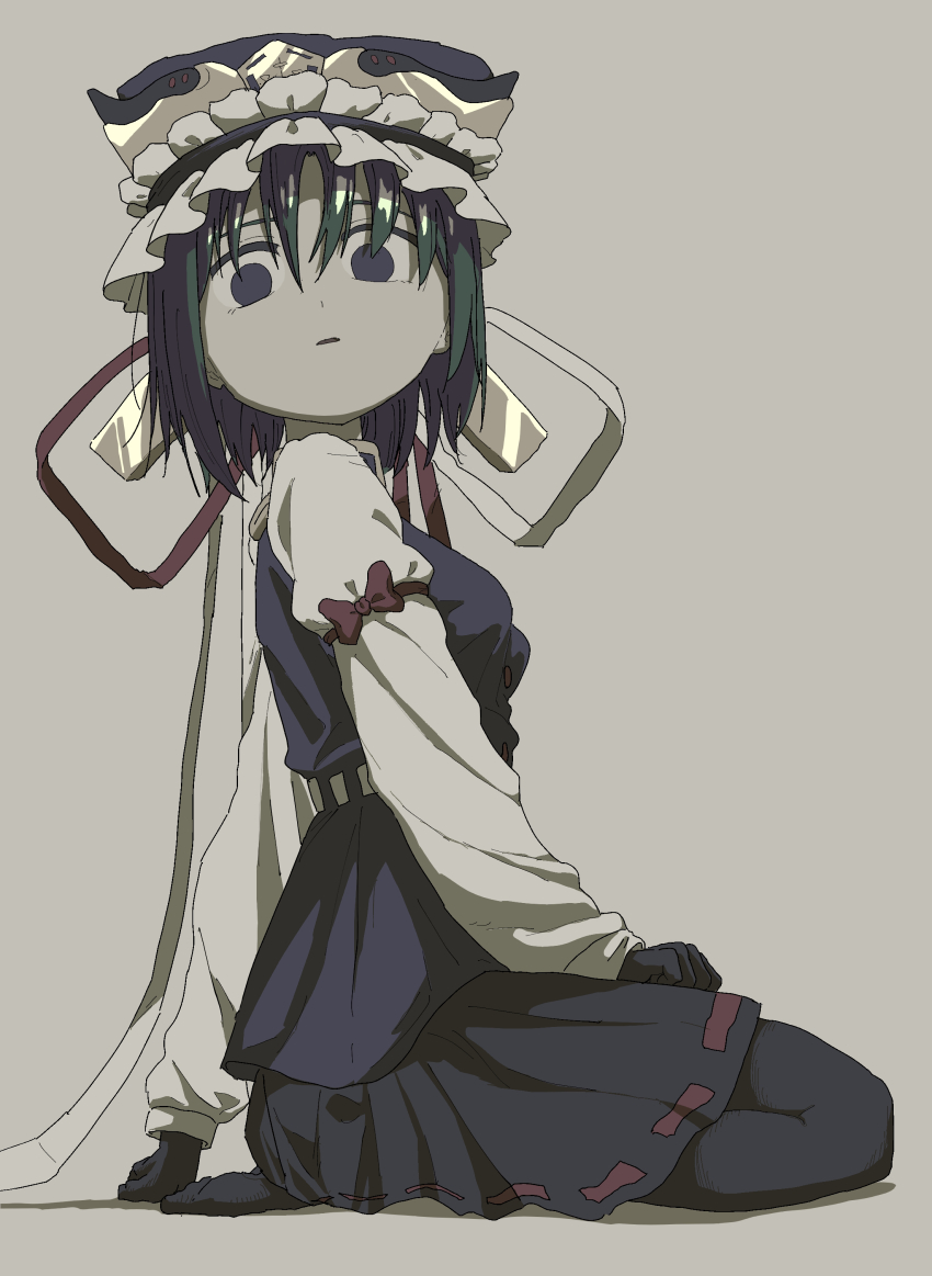 1girl absurdres black_gloves blue_vest commentary elbow_gloves frilled_hat frills gloves green_hair hat hat_ribbon highres long_sleeves pantyhose ribbon seiza shiki_eiki shirt simple_background sitting skirt sleeve_bow touhou uzou_(uzooooooooo) vest