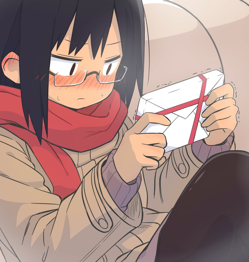 absurdres black_hair black_leggings blush brown_coat brown_eyes coat glasses highres holding leggings long_sleeves looking_at_object newbear original package red_scarf scarf semi-rimless_eyewear sweatdrop sweater trembling under-rim_eyewear valentine