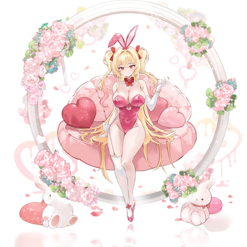 1girl absurdres animal_ears asymmetrical_legwear bare_shoulders blonde_hair bow bowtie breasts cleavage closed_mouth commission covered_navel demonia_(hiyono) detached_collar elbow_gloves fake_animal_ears fishnet_pantyhose fishnets full_body garter_straps gloves gradient_hair gurami_(zangizarang) heart high_heels highleg highleg_leotard highres large_breasts leotard long_hair looking_at_viewer multicolored_hair original pantyhose pink_leotard playboy_bunny rabbit_ears red_eyes single_elbow_glove single_garter_strap single_glove single_leg_pantyhose single_thighhigh smile solo strapless strapless_leotard thighhighs thighs two_side_up very_long_hair white_background white_gloves white_thighhighs wrist_cuffs